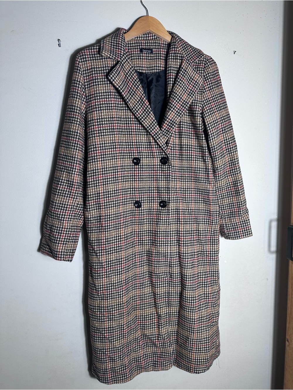 Boohoo Neutral Multi Houndstooth Double-Breasted Trench Coat